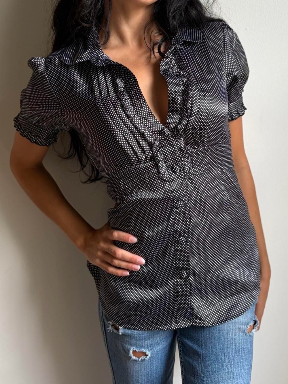 Dolled Up Lolita Polka Dot Ruffle Satin Blouse Size M
